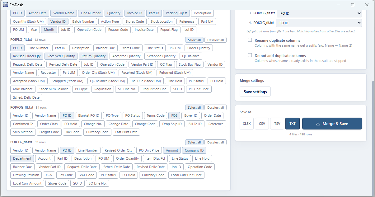 Select columns to merge
