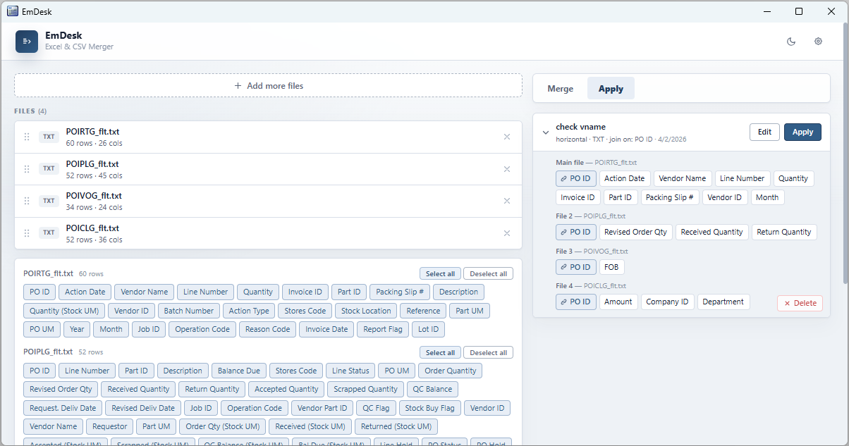Apply a saved merge configuration