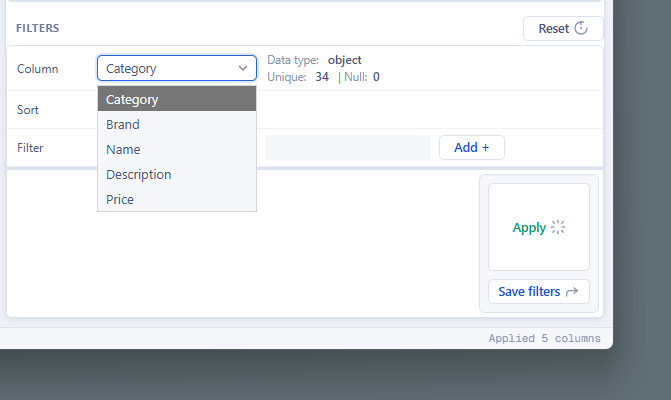 Select column for filter