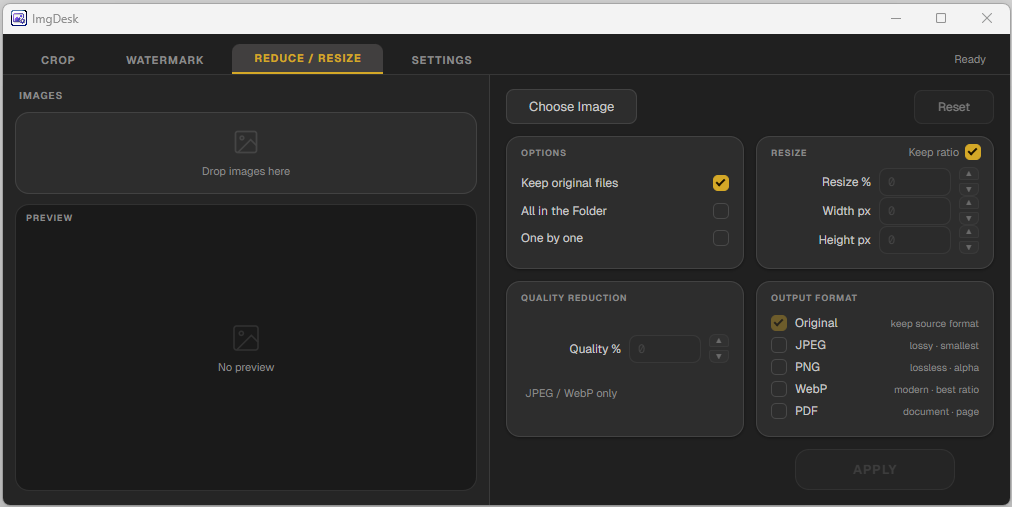 ImgDesk Reduce/Resize tab — main screen