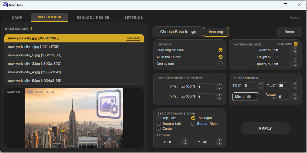 Setting watermark position, tilt angle and opacity